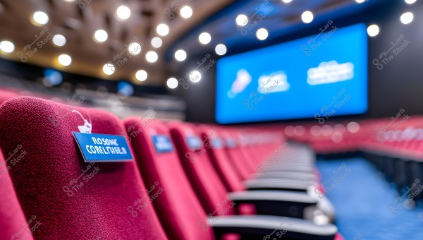 The image shows a row of red chairs inside a cinema or theater hall, with a name tag attached to one of the seats. In the background, there is a large blue screen blurred out, and the ceiling is adorned with glowing circular lights.