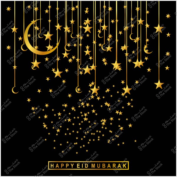 تصميم بطاقة تهنئة لعيد مبارك مع نجوم وأهلة ذهبية على خلفية سوداء.
