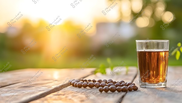 A glass of brown tea on a wooden table outdoors, next to it a brown prayer bead. The golden sunlight is clearly visible in the background, with a blurred natural scenery.
