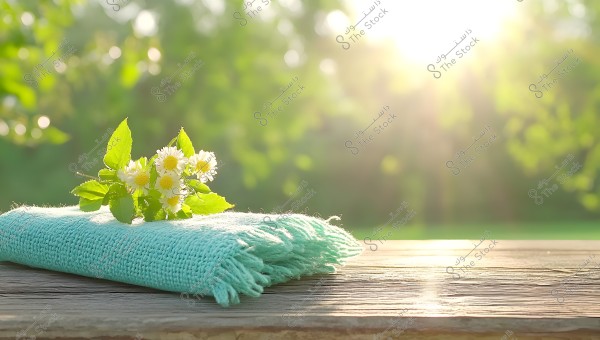 Image of a blue woven cloth placed on a wooden surface in sunlight. On top of the cloth are small white flowers with yellow centers surrounded by green leaves. The background shows a green garden illuminated with sunlight.