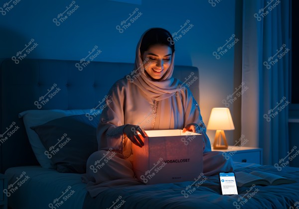 Image of a woman sitting on a bed in a bedroom, wearing a light-colored abaya and hijab. She is opening a glowing box labeled \"VOGA CLOSET,\" which casts light on her smiling face. Next to her on the bed is an illuminated mobile phone, and a bedside lamp adds a calm and warm ambiance to the room.