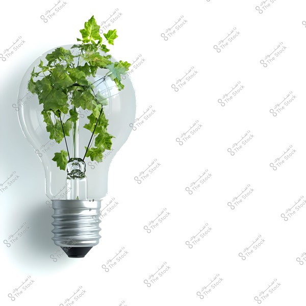 An image of a transparent glass light bulb containing small plants with leafy branches extending inside. The light bulb is detailed against a white background, highlighting the innovative and eco-friendly concept.