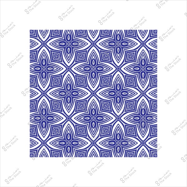Geometric repeating pattern with floral shapes and decorations in blue and white.