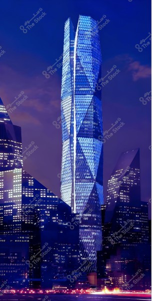 A modern skyscraper with a complex geometric design, illuminated by bright blue lights in the evening. The building is surrounded by other skyscrapers in the background. The sky is tinted with shades of purple and blue, creating an atmosphere of modernity and technology.
