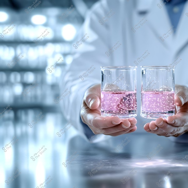 A person wearing a white lab coat holds two glass beakers containing a pink liquid. The image highlights the sparkling bubbles in the liquid and the reflective surface of the metallic table in a laboratory setting with a blurred background.