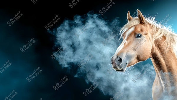 An image of a blonde horse\'s face with a background of white smoke rising into the air. The horse is shown with sharp features and clear details from its right side, with blonde hair flowing in the wind, adding a dramatic and captivating quality to the image.