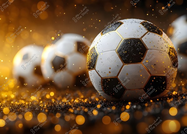A soccer ball in the foreground with golden and black details on a surface decorated with sparkling dots, with similar balls visible in a blurred background featuring golden light effects.