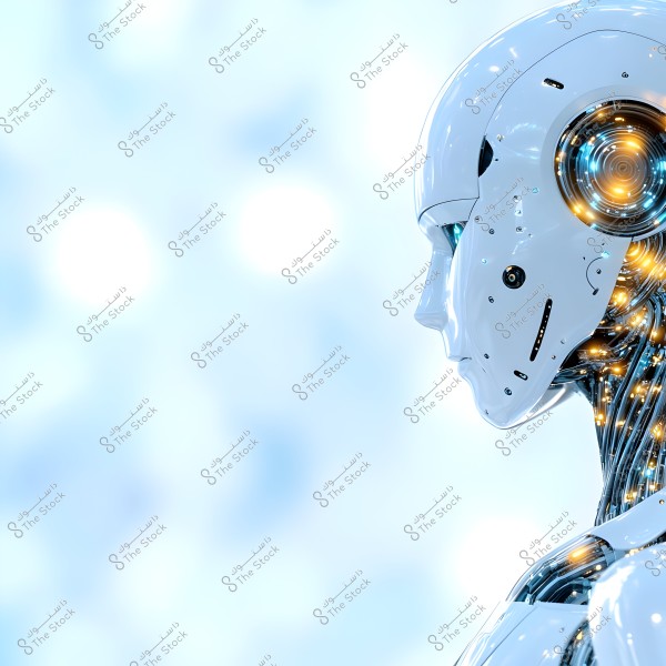 An image depicting a humanoid robot with a face and body covered in a shiny white metallic design. The head features circular devices and glowing lights, visible from the side view. The background is blurred with light colors, adding a futuristic feel to the image.