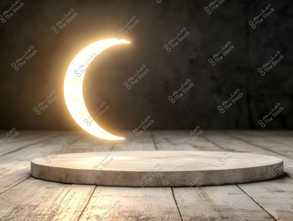 Image of a glowing crescent moon suspended above a round wooden platform in a dark room. The moon is beautifully illuminated, casting reflections on the surrounding wooden floor. The scene evokes a tranquil nighttime atmosphere.