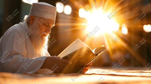 An elderly man wearing a white robe and cap is seated in a brightly sunlit area, reading a large book. The sun\'s rays create a dramatic reflection, adding a spiritual atmosphere to the scene.