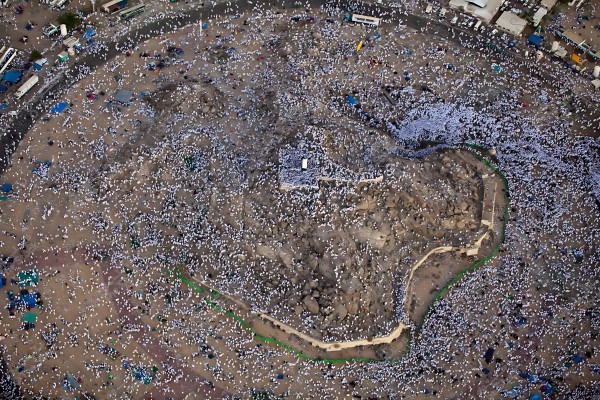 Aerial view of Mount Arafat during the Muslim pilgrimage, Hajj, showing pilgrims dressed in white garments.