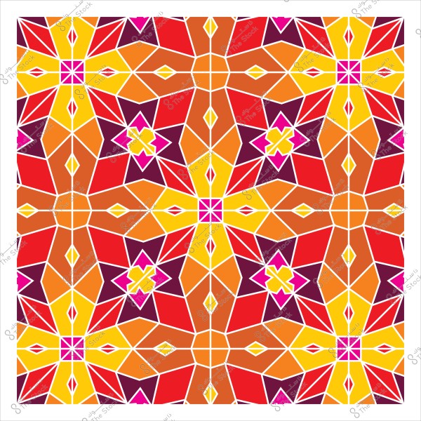 صورة لنمط هندسي ملون يتميز بتكرار الأشكال الهندسية المتداخلة بألوان برتقالية وحمراء وصفراء وأرجوانية. التصميم يمتاز بأشكال نجمية ومثلثات تتوزع بشكل متناظر ومنتظم لتكوين نمط زخرفي جميل.

-