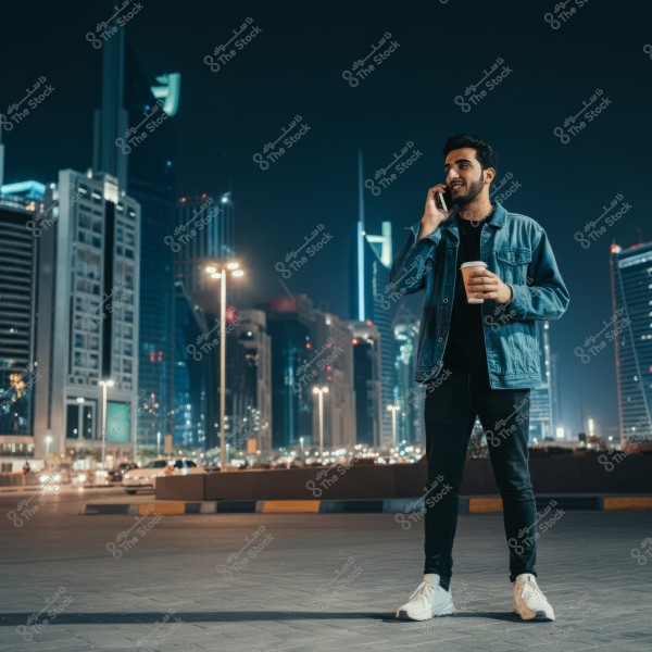 A man standing on a city street at night with tall buildings in the background. He is wearing a denim jacket, appears to be talking on the phone, and is holding a coffee cup. The street is lit by streetlights and there are cars in the background, giving the scene a modern urban atmosphere.