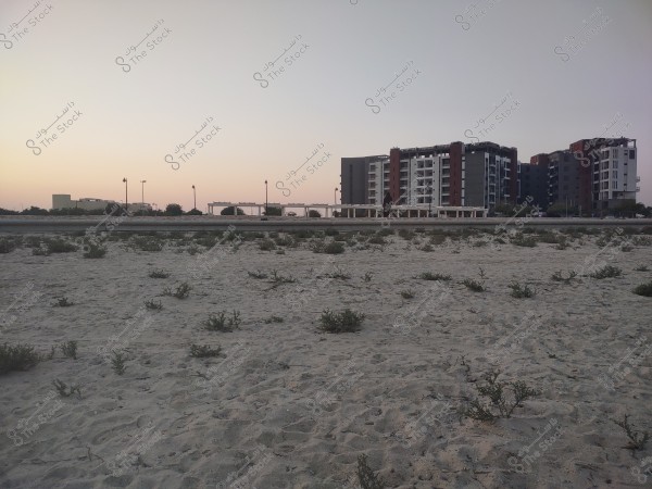 A view of modern residential buildings stretching across a low horizon in a sandy area. Sparse vegetation is scattered on the sand in the foreground. The horizon is under a warm gradient sky with some street lamps visible. The multi-story buildings, featuring dark and gray colors, stand in a straight line behind a green area and street lights.