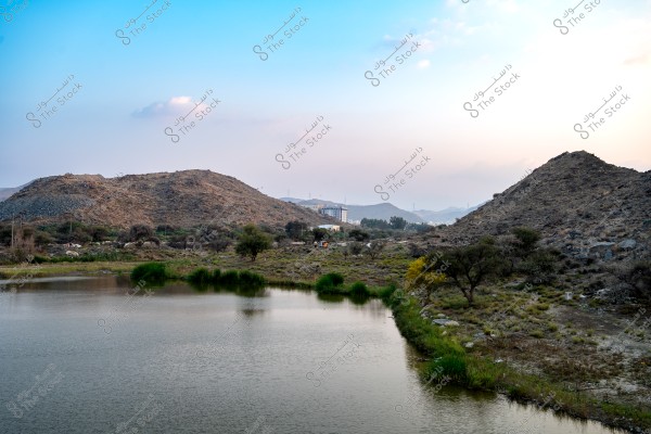 The beautiful view of Wadi Saab Dam during sunset. The Dam is Located near to Taif City, Saudi Arabia