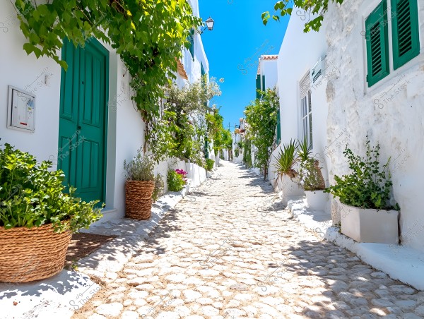 Image of a cobblestone street in a Mediterranean village under a clear blue sky. The street is lined with lush greenery and white-washed walls. Doors and windows are painted green. Pots with plants decorate the pathway, adding a sense of tranquility and natural beauty.