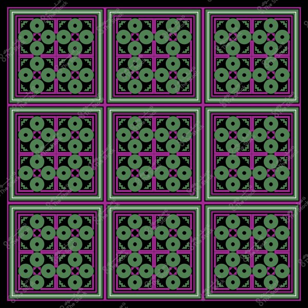 نمط هندسي مكون من أشكال دائرية باللون الأخضر داخل مربعات متكررة بإطارات متعددة الألوان بالوردي والأخضر.