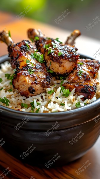 An image of a bowl of white rice garnished with fresh green herbs, topped with pieces of grilled chicken with crispy brown skin, in a black bowl set on a wooden surface. The warm lighting highlights the colors and makes the dish look appetizing and delicious.
