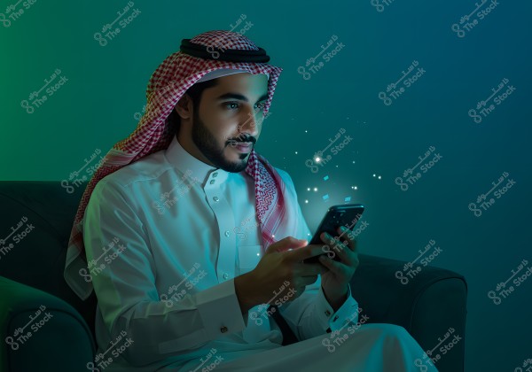 صورة لرجل يجلس على أريكة, يرتدي ثوبًا أبيض وغترة حمراء وبيضاء مع عقال. يبدو أنه من أصل سعودي أو خليجي, ويحمل هاتفًا محمولاً ينبعث منه أضواء وأيقونات. الخلفية مظلمة مع إضاءة ذات لون أزرق مخضر.
