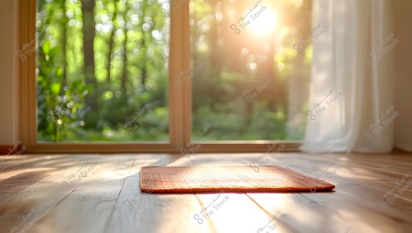 A small orange rug is placed on a wooden floor next to a large window overlooking a sunny natural landscape. Natural light filters through sheer white curtains, creating a calm and warm ambiance in the interior space.