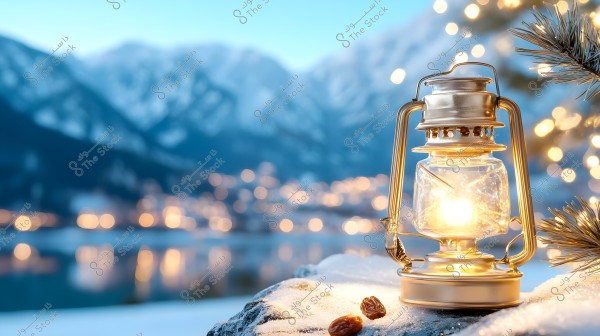 A glowing golden lantern placed on a snow-covered surface, with a background of snow-capped mountains and twinkling lights indicating a village or town. Some dates are on the snow. Pine tree branches are visible in the right corner.