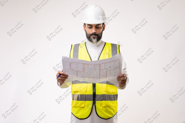 Image of a man wearing a construction helmet and a yellow reflective vest, looking at a blueprint. He appears to be wearing traditional white clothing, standing against a plain bright background, suggesting he is in an engineering workspace.