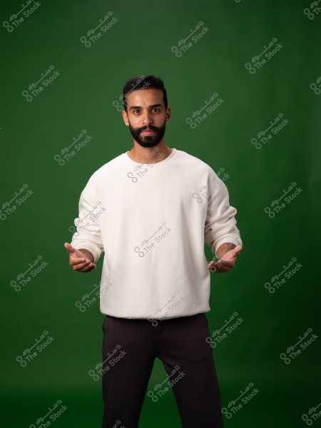 A portrait of a man standing against a green background. He is wearing a white sweater and dark-colored trousers. The man has a beard and short hair, and he appears to be gesturing with his hands forward in an expressive manner. The image is a portrait.