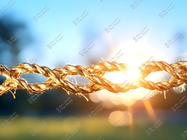 Image of a strong golden rope fraying at both ends. The bright sun shines behind the rope, casting shadows and adding a warm light to the scene. The background is blurred and features a soft blue to green gradient.