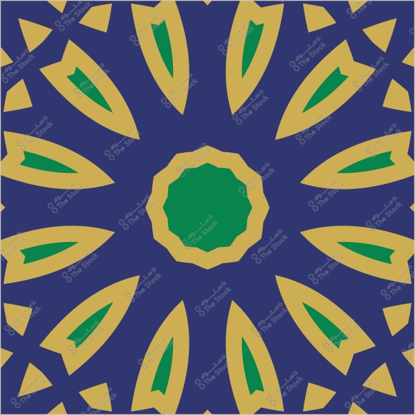 Geometric design with Islamic motifs in blue, green, and yellow colors.
