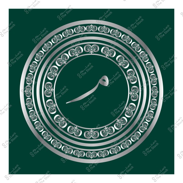 A circular art piece with a decorative silver design on a dark green background, featuring the Arabic letter "هـ" inside.