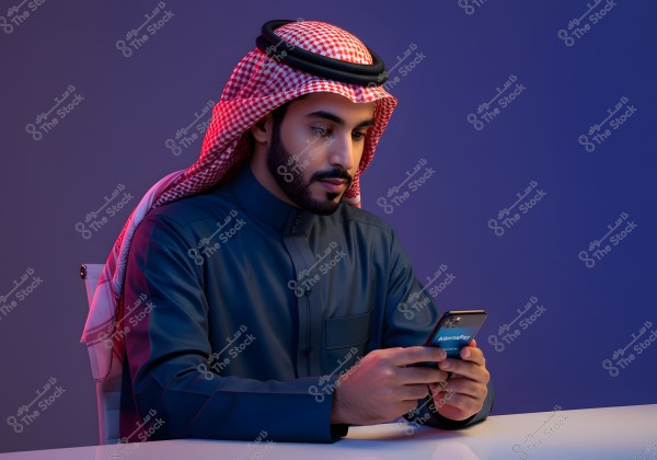 A portrait of a man sitting at a table holding a mobile phone. He is wearing traditional Saudi attire with a red ghutra. The surrounding ambiance is lit in blue, creating a calm effect with a soft purple reflection on his clothing.