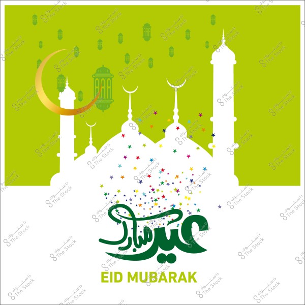صورة تحتوي على تصميم لمسجد مع هلال ولوان فوانيس, وكلمة "عيد مبارك" بالعربية والإنجليزية على خلفية خضراء.