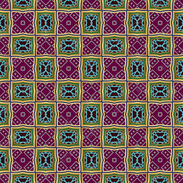Colorful geometric design with square patterns and multiple colors including purple, blue, and yellow.