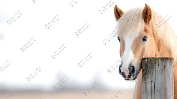 Image of a blonde horse standing next to a wooden fence. The horse has smooth hair and large, beautiful eyes. The background is white and blurred, highlighting the details of the horse\'s head and its long mane.