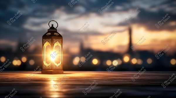A lit lantern with a traditional Eastern design placed on a wooden surface, set against a blurred background of city lights and silhouettes of buildings under a sunset. The warm colors emphasize a spiritual and serene atmosphere.