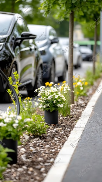 ** A row of white and yellow flowers growing in a small garden along the sidewalk, next to a line of parked cars. Green trees are visible in the background, creating a pleasant scene in an urban street.\r\n\r\n- **