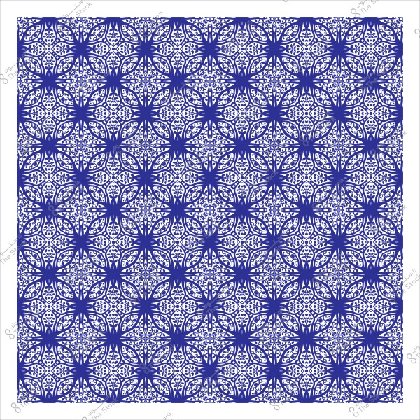 A geometric decorative pattern in blue and white with a repeating motif of stars and floral shapes.