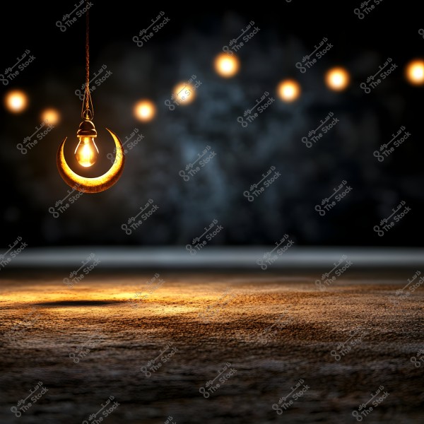 An image of a crescent-shaped pendant or ornament hanging with a glowing light bulb in the center, set against a blurred background lit by small string lights. The foreground surface is illuminated with a warm orange glow, creating a serene and aesthetic atmosphere.