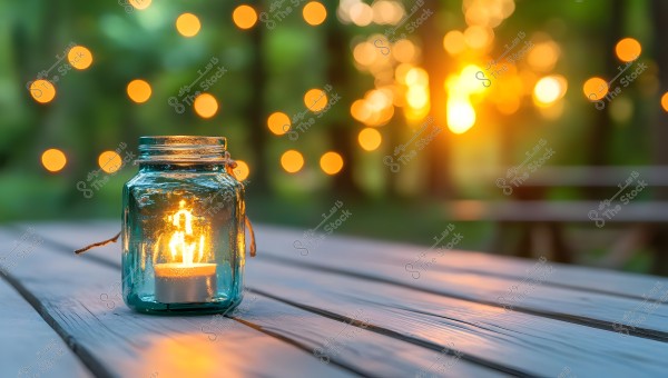 An image depicting a lit candle inside a clear glass jar on a wooden table. In the background, there are circular bokeh lights in shades of yellow and orange with a green natural scene, adding a sense of warmth and tranquility.