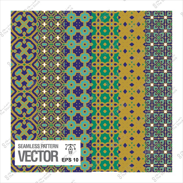 مجموعة من الأنماط الهندسية الملونة في تصميمات مختلفة ومتكررة.