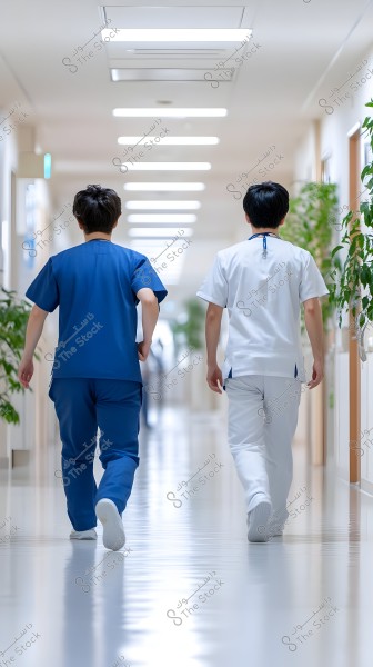 Two individuals wearing nurse uniforms, one in blue and the other in white, walking down a well-lit hospital corridor with plants on either side.