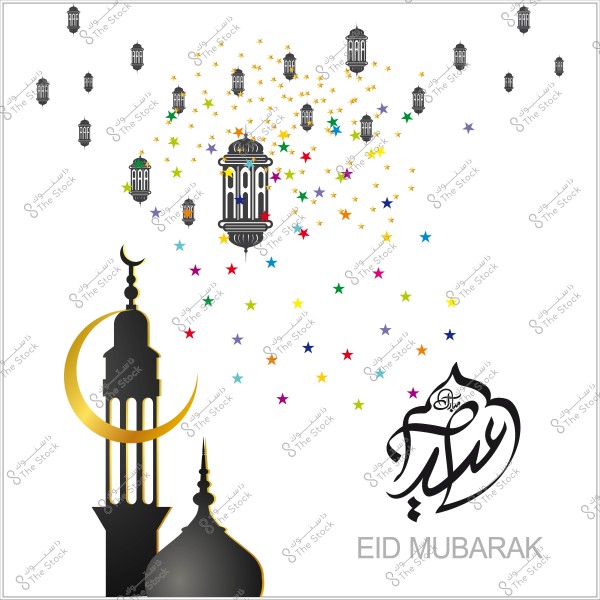 تصميم لعيد مبارك يشمل فوانيس وهلال مع كلمة \"عيد مبارك\" بالخط العربي وزخارف نجمية ملونة.