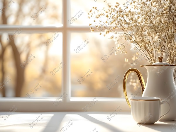 An indoor scene featuring a white teapot with a gold handle and lid, placed next to a white teacup on a surface in front of a window. The window allows warm light to enter, with a blurred view of trees outside, suggesting a winter or spring atmosphere.