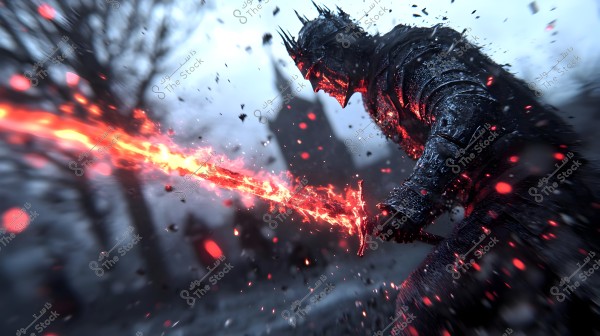 A knight wearing black armor adorned with a spiky crown is wielding a fiery red and orange sword. The background is blurred, featuring trees and shadowy figures, evoking a sense of a raging battle or a fantasy scene.