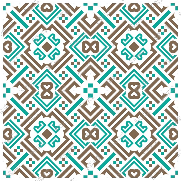 نمط هندسي زخرفي باللونين البني والأزرق الفيروزي مع تفاصيل معقدة في تصميم متماثل.