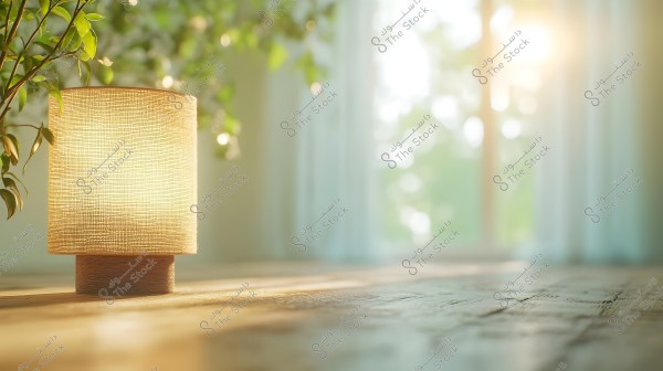 A lamp with a cylindrical base covered in white mesh fabric, illuminated by sunlight in a room. Delicate green leaves hang on the left side, with a window visible in the background enhancing the natural light of the space.