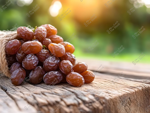 The image shows a cluster of dates neatly arranged on an old wooden surface. The dates are highlighted by sunlight in the background, adding a shine to their surface. The background is blurred, showcasing a green natural environment, creating a calm and refreshing ambiance.