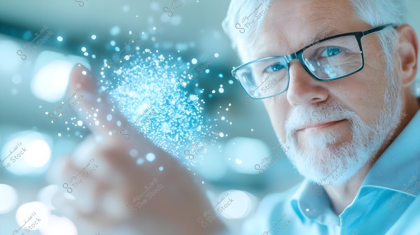 An image of a middle-aged man wearing glasses, pointing with his hand at a set of attractive glowing elements resembling bubbles. The man has a white beard and wears a blue shirt, with a blurred background and dazzling light effects.