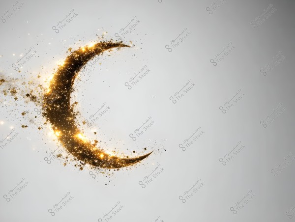 An image of a shimmering golden crescent made of sparkling particles, floating against a white background. The golden crescent shines brilliantly, surrounded by tiny bits resembling golden dust and twinkling stars.