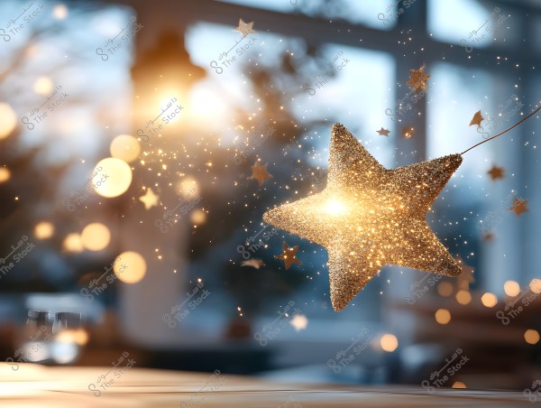 An image of a shimmering golden star hanging in the foreground, surrounded by sparkling light within an indoor setting. The background lights create a warm atmosphere, adding a sense of magic and fantasy.